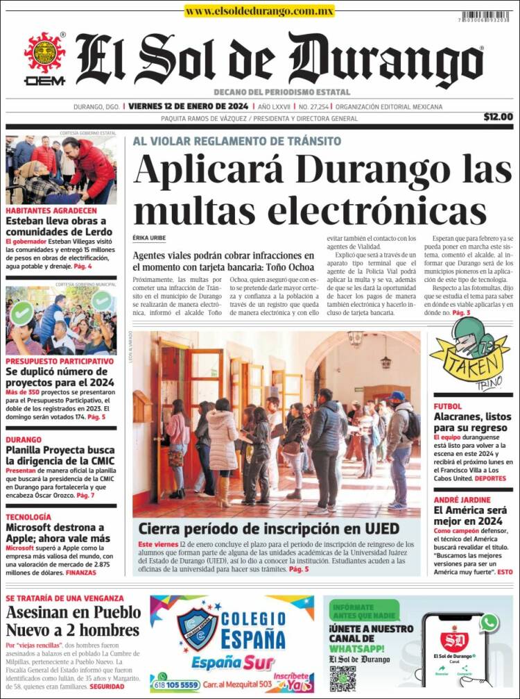 Portada de El Sol de Durango (México)