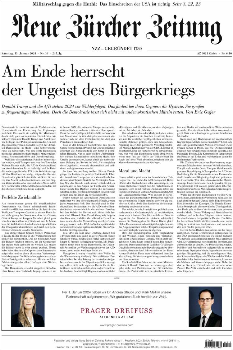 Portada de Neue Zürcher Zeitung (Suiza)