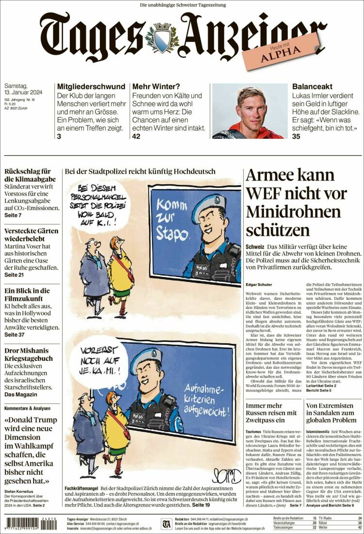 Portada de Tages-Anzeiger (Suiza)