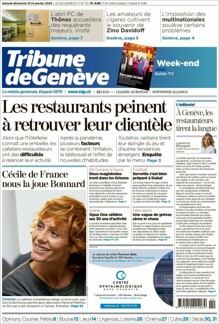 Portada de La Tribune de Genève (Suiza)