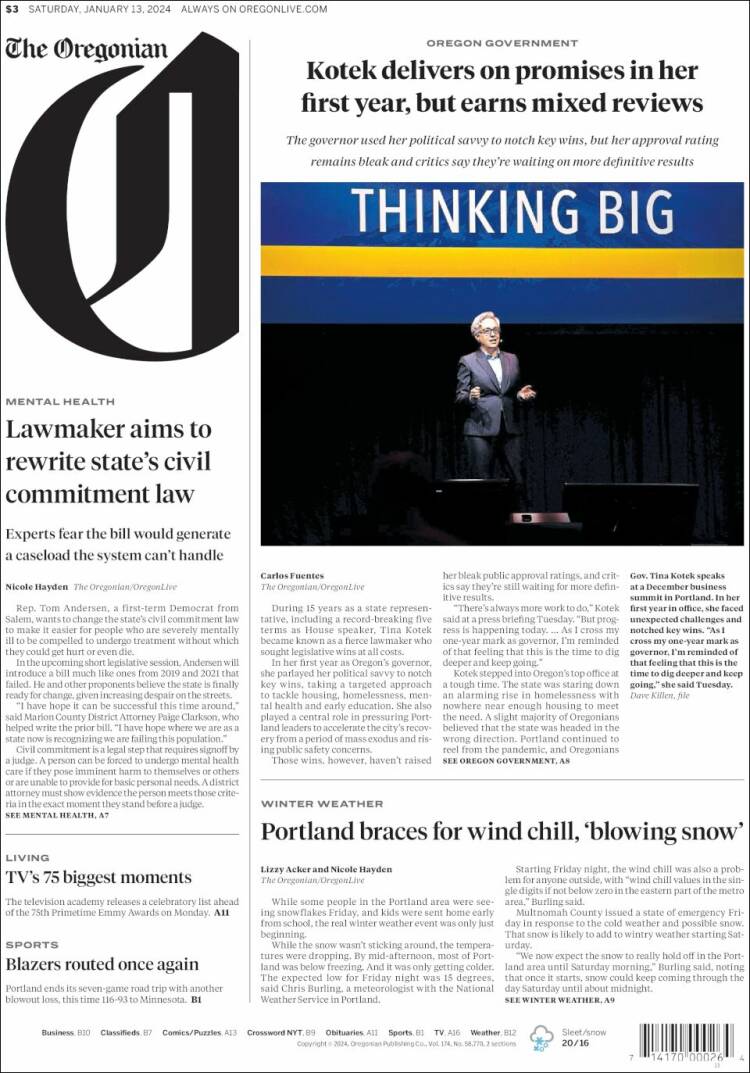 Portada de The Oregonian (USA)