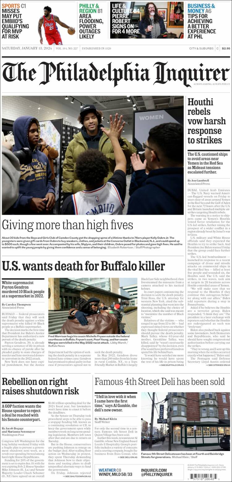 Portada de Philadelphia Inquirer (USA)