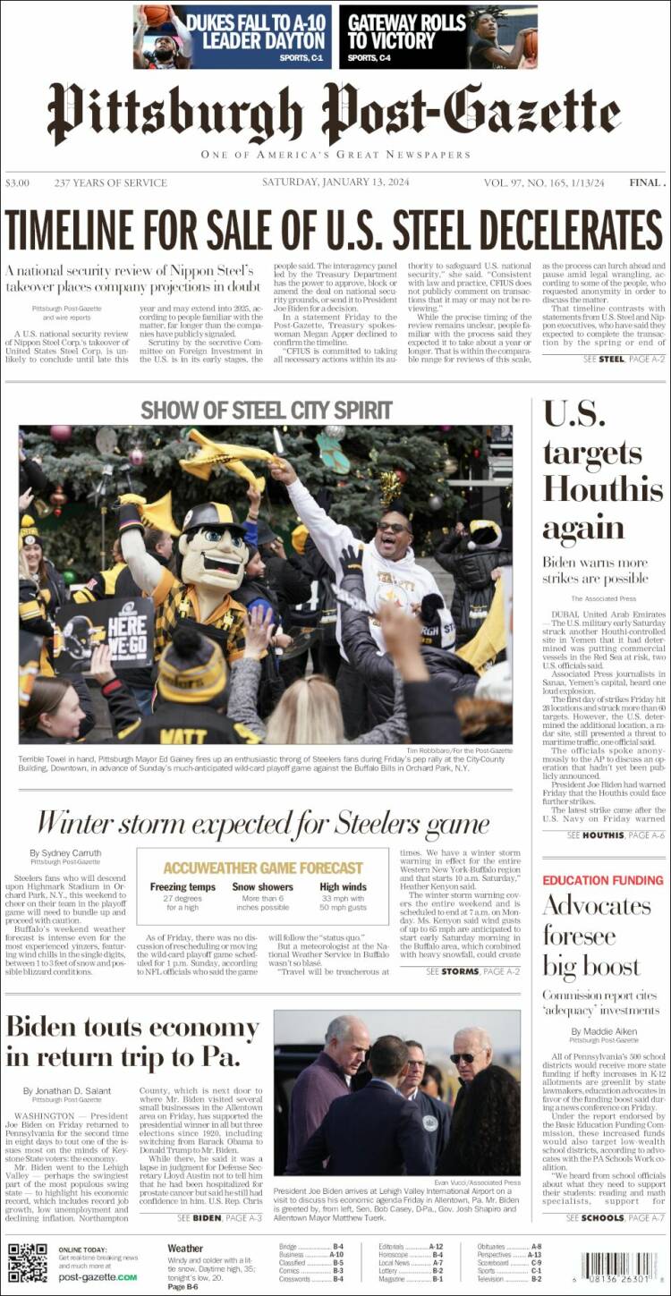 Portada de Pittsburgh Post-Gazette (USA)