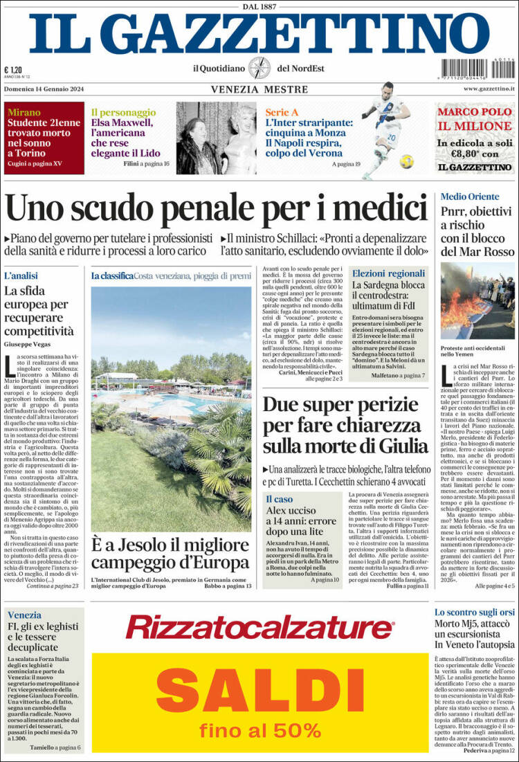 Portada de Il Gazzettino (Italia)