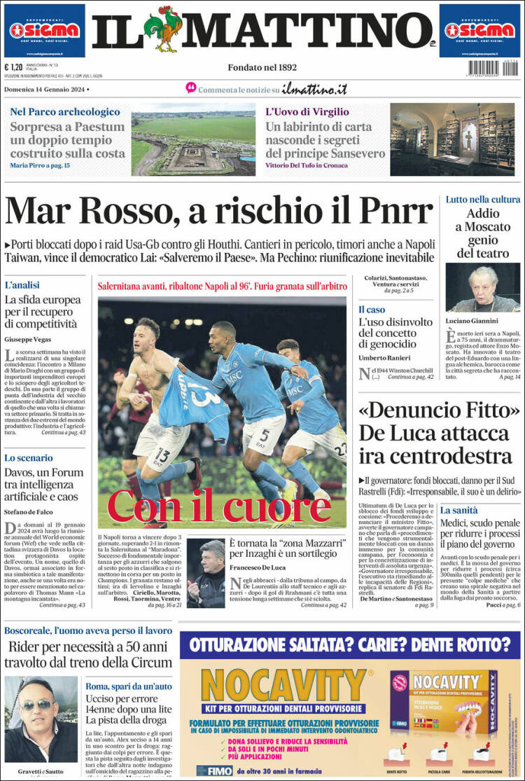 Portada de Il Mattino (Italia)