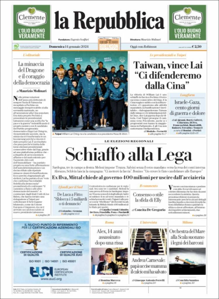 Portada de La Repubblica (Italia)