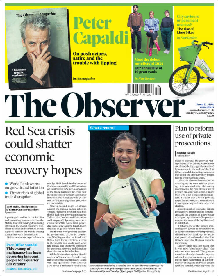 Portada de The Observer (Reino Unido)