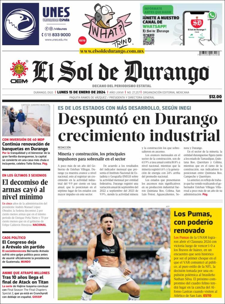 Portada de El Sol de Durango (México)