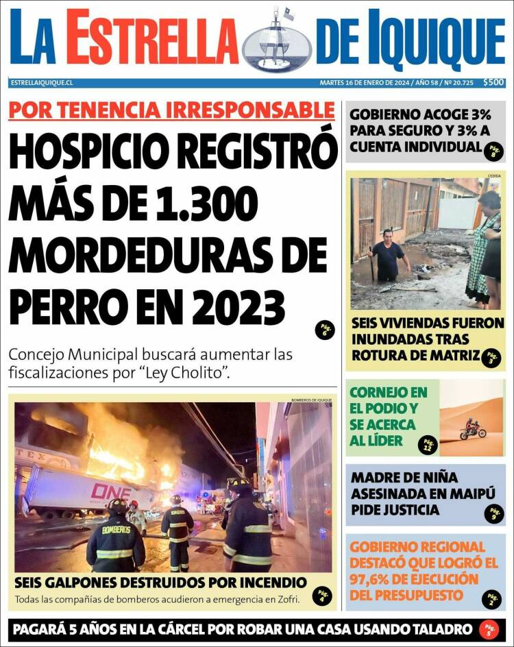 Portada de La Estrella de Iquique (Chile)