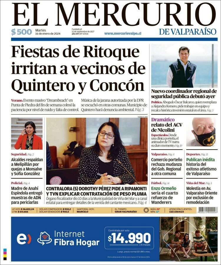 Portada de Mercurio de Valparaiso (Chile)