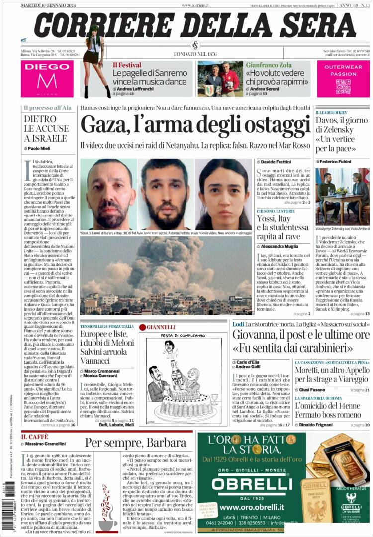 Portada de Corriere della Sera (Italia)