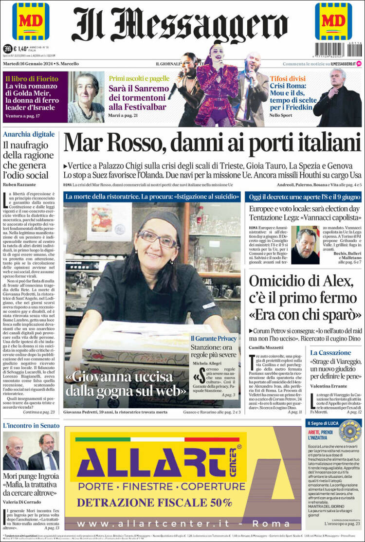 Portada de Il Messaggero (Italia)