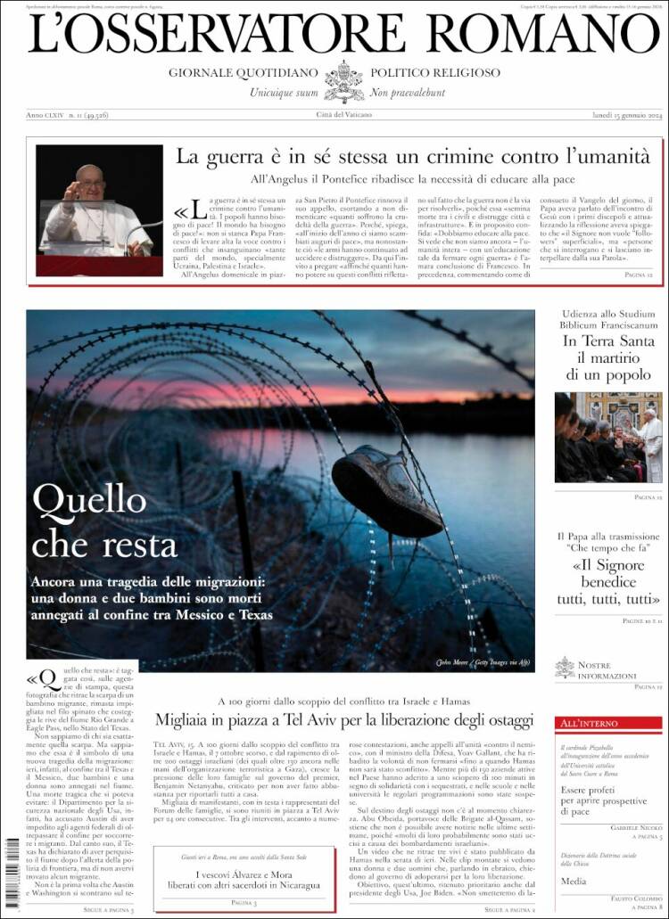Portada de L'Osservatore Romano (Italia)