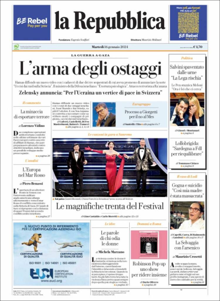 Portada de La Repubblica (Italia)