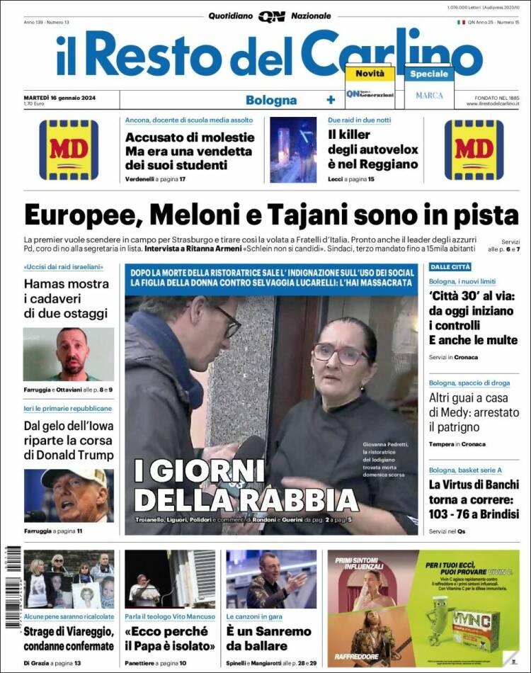 Portada de Il Resto del Carlino (Italia)