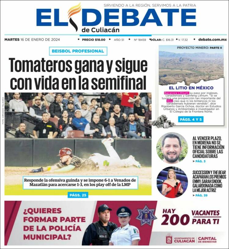 Portada de El Debate de Culiacán (México)