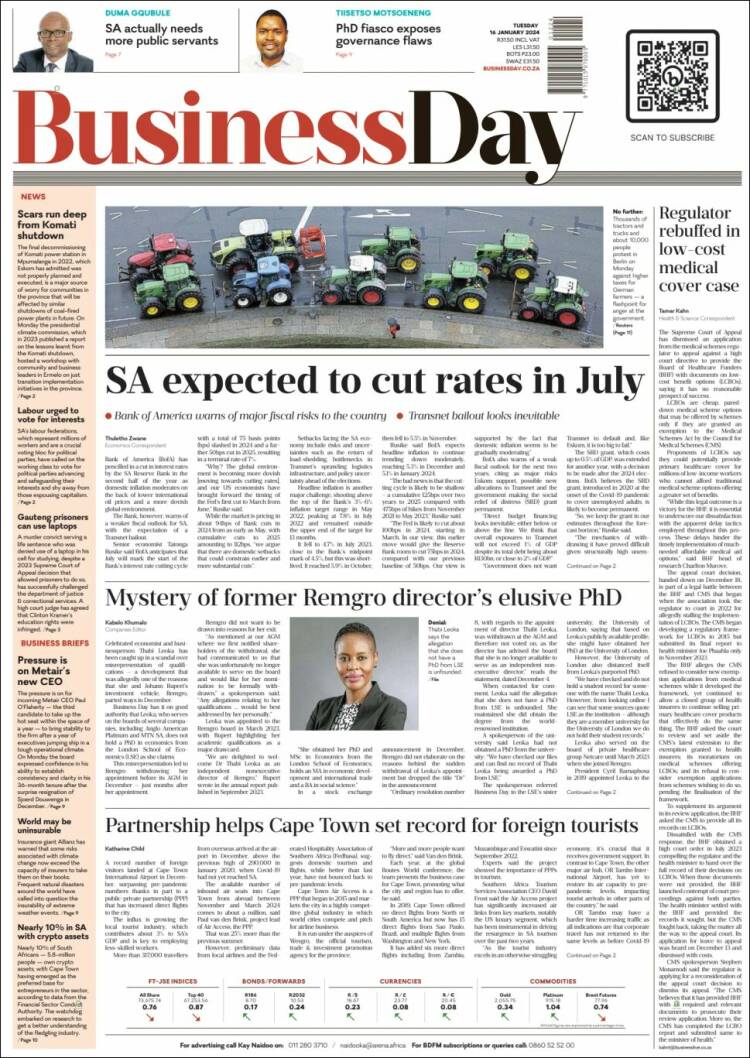 Portada de Business Day (Sud&aacute;frica)