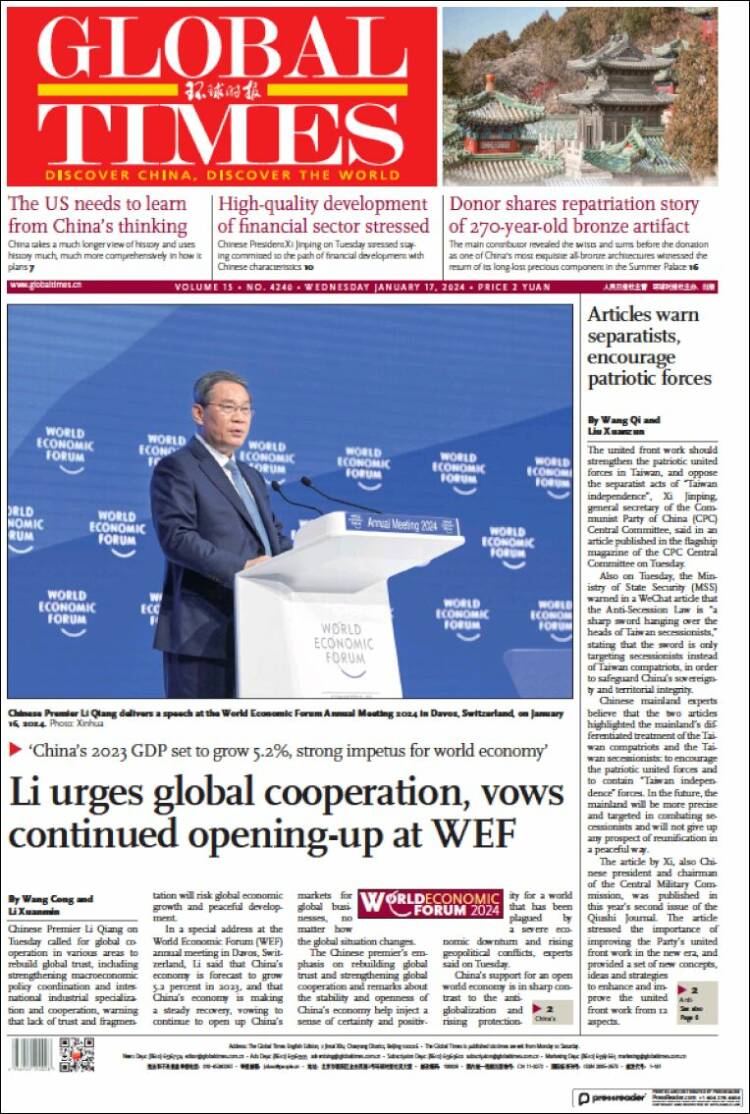 Portada de The Global Times (China)