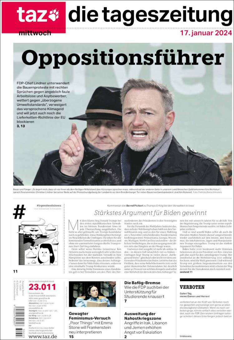 Portada de Die Tageszeitung (Alemania)