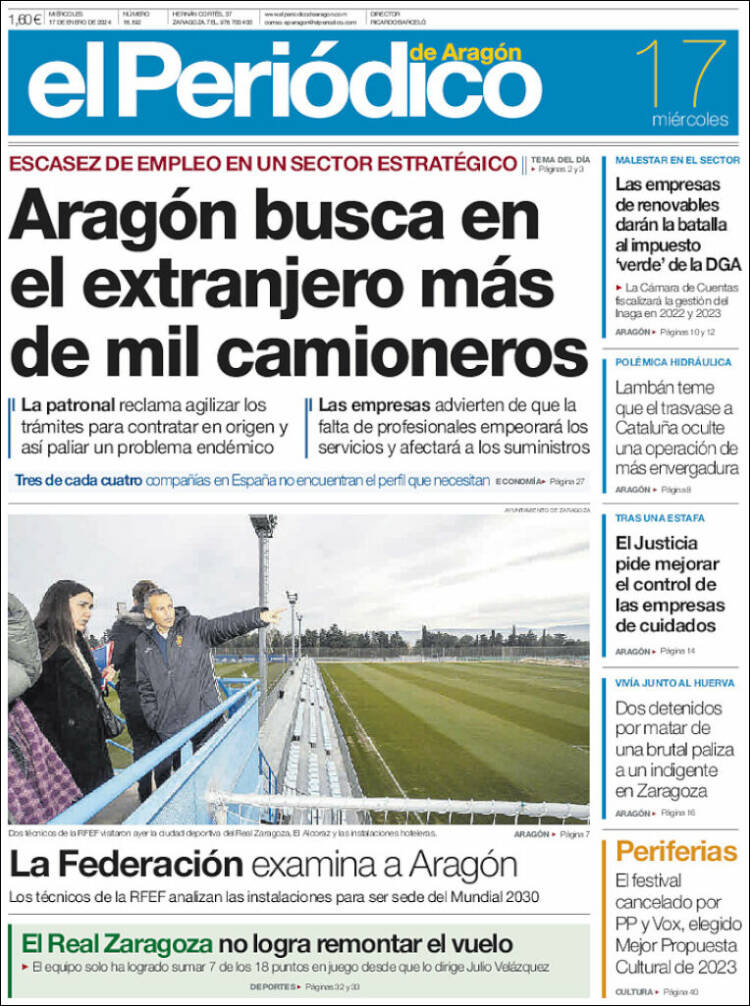 Portada de El Periódico de Aragón (España)