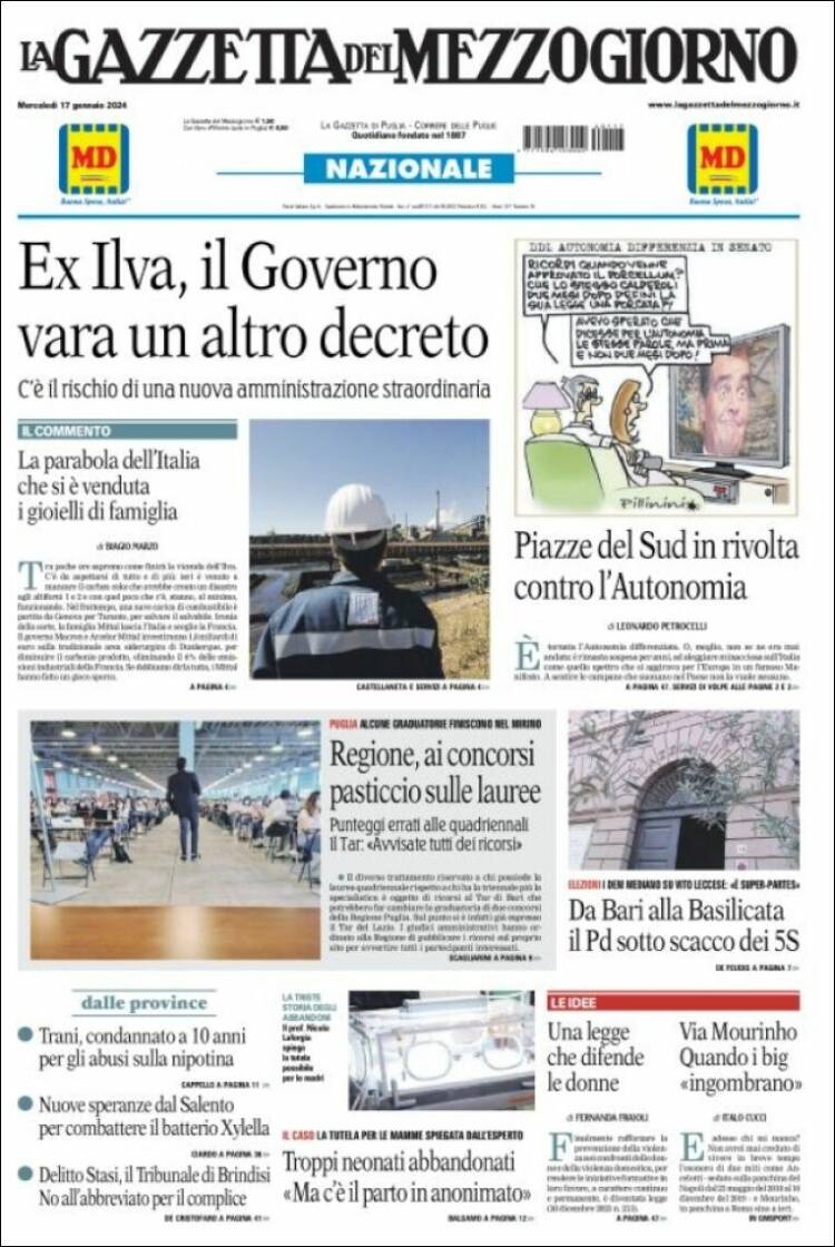 Portada de La Gazzetta del Mezzogiorno (Italia)