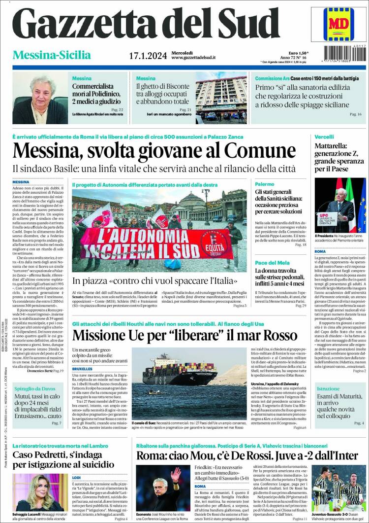 Portada de Gazzetta del Sud (Italia)