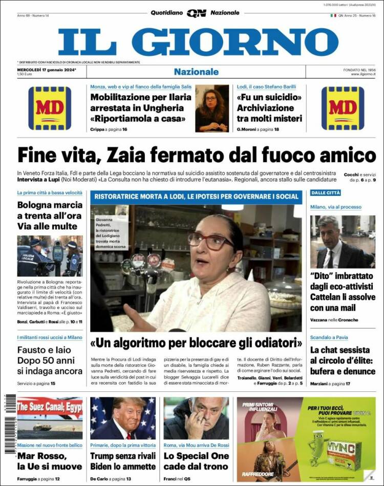 Portada de Il Giorno (Italia)