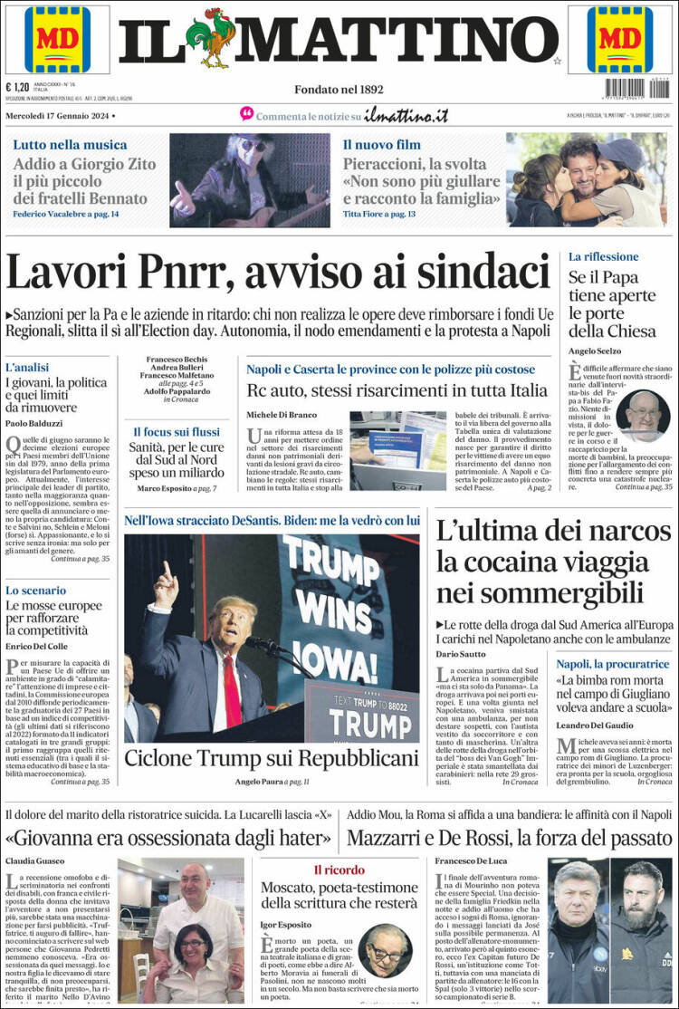 Portada de Il Mattino (Italia)