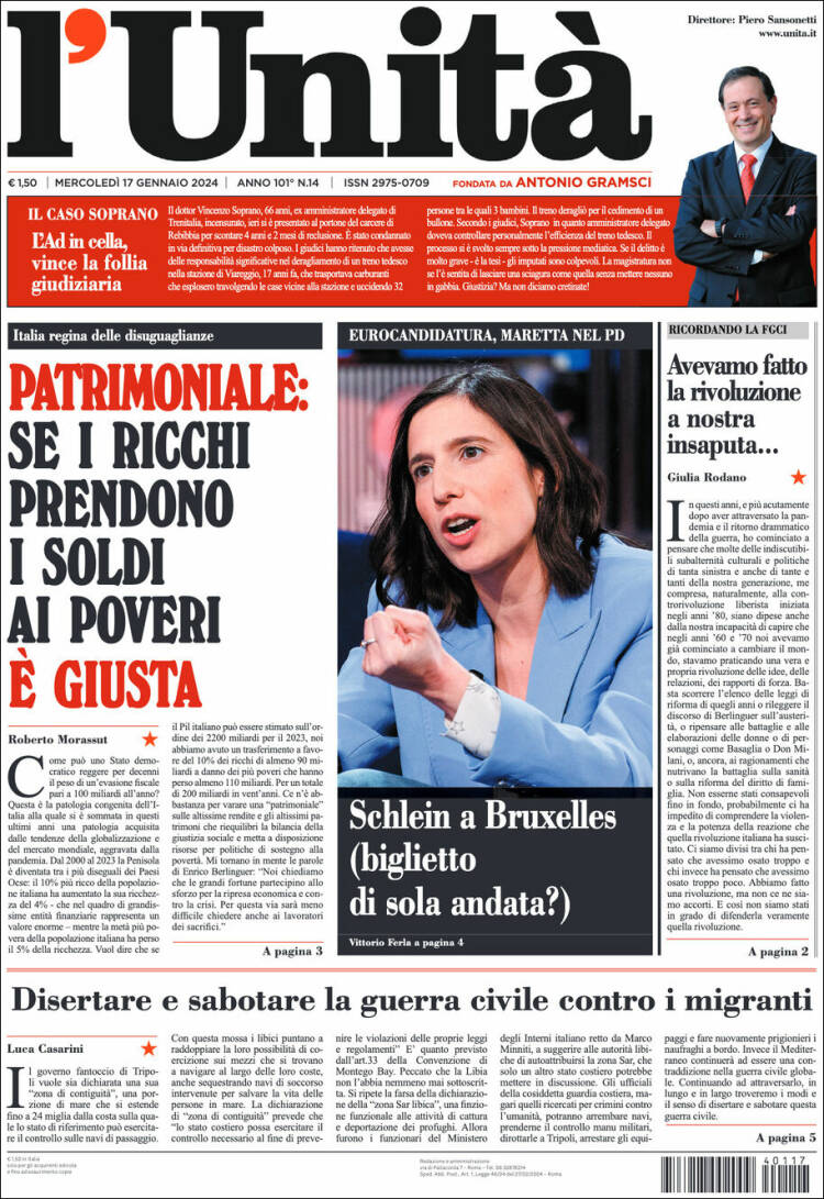 Portada de l'Unità (Italia)