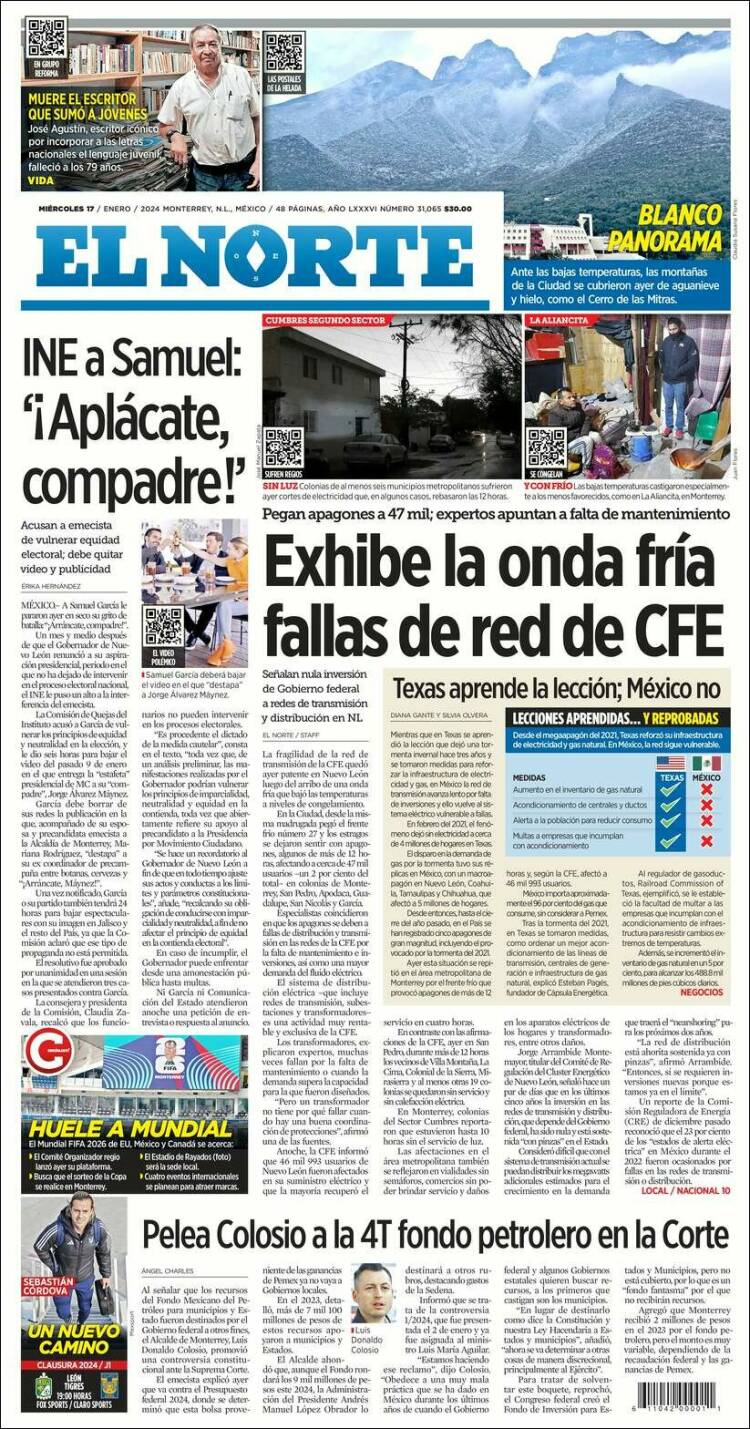 Portada de El Norte (M&eacute;xico)