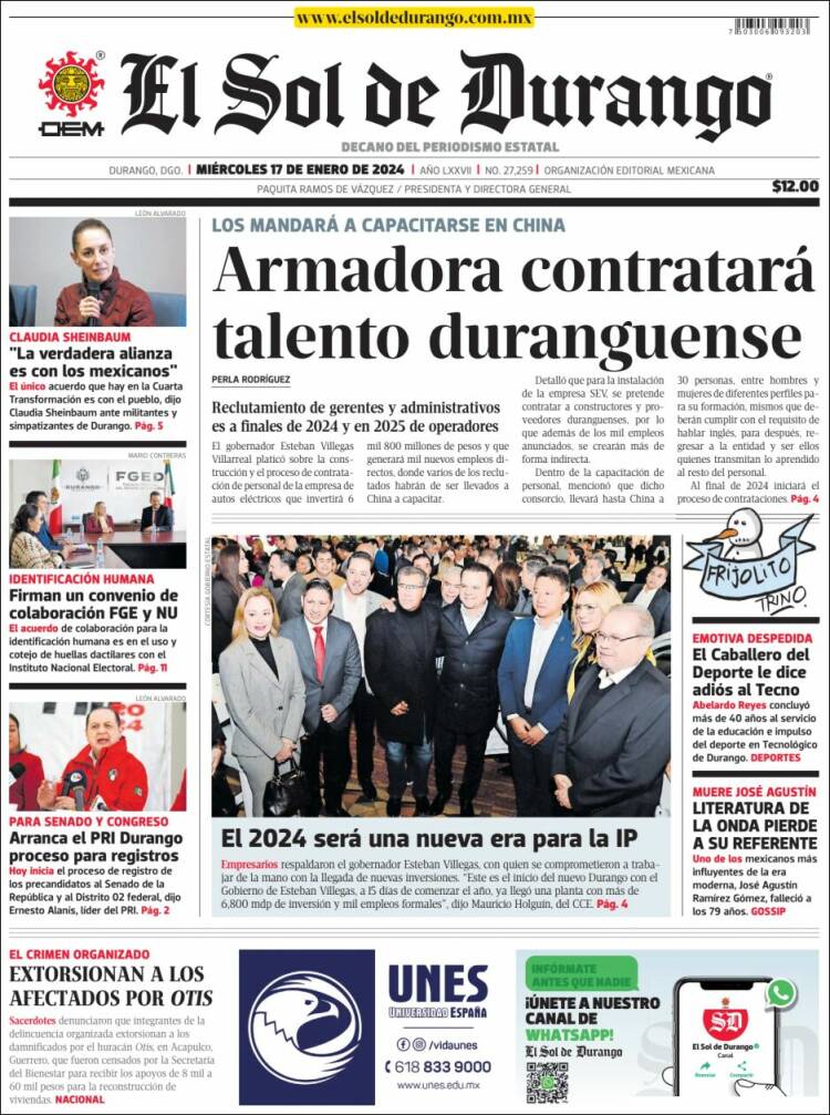 Portada de El Sol de Durango (M&eacute;xico)