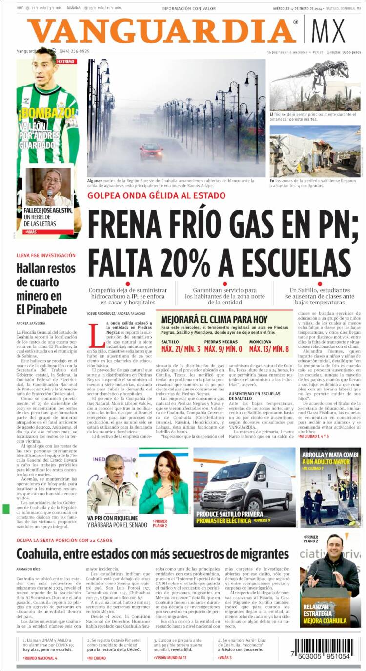 Portada de Vanguardia (M&eacute;xico)