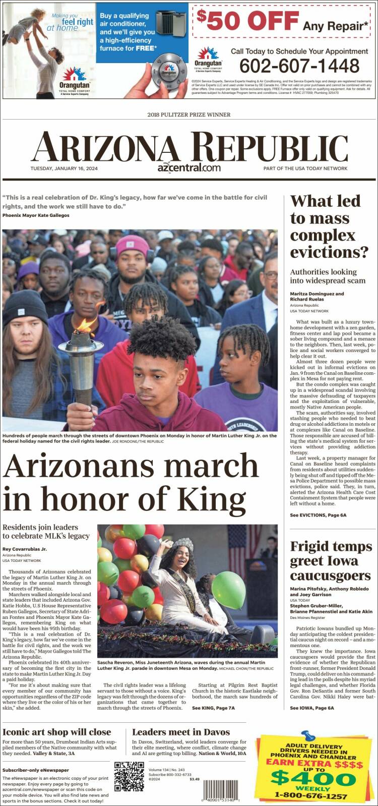 Portada de Arizona Republic News (USA)