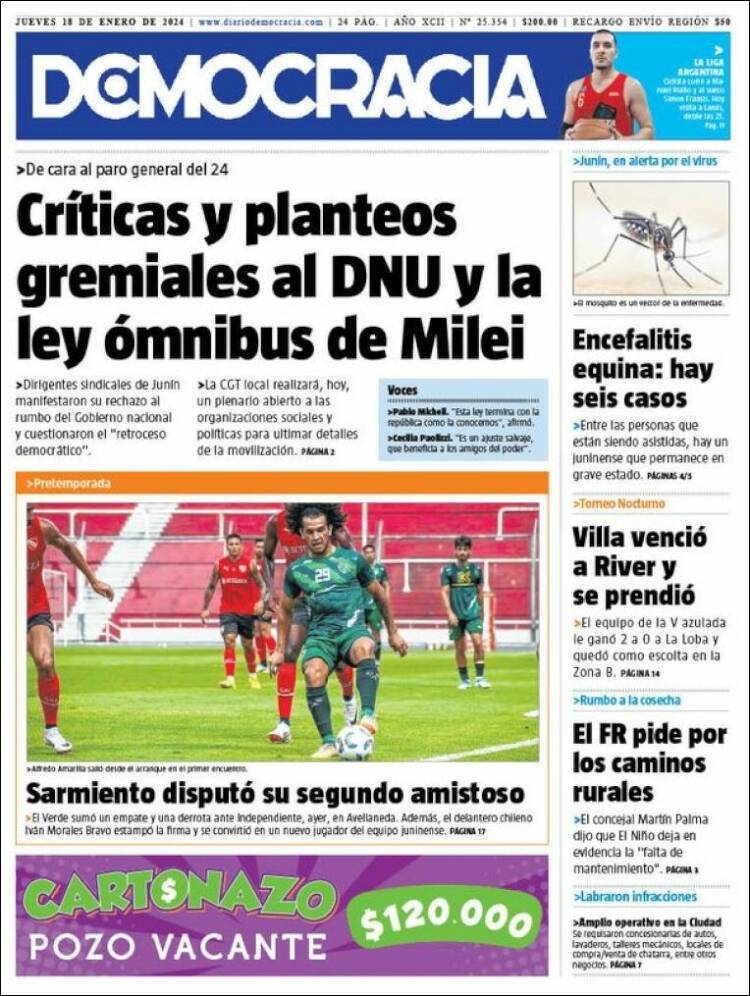 Portada de Diario Democracia (Argentina)