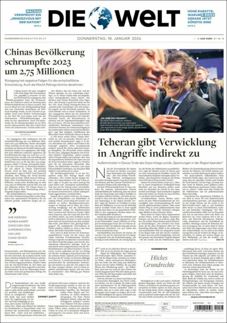 Portada de Die Welt (Alemania)