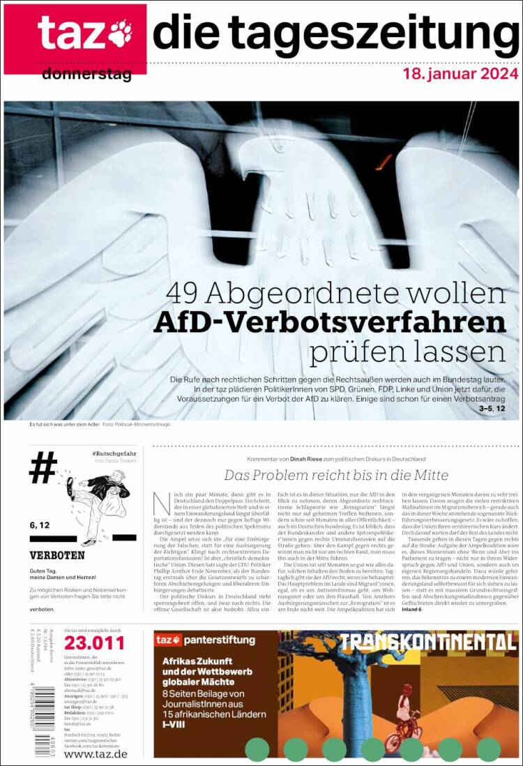 Portada de Die Tageszeitung (Alemania)