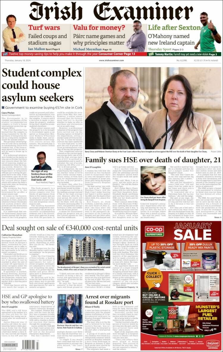 Portada de Irish Examiner (Irlanda)