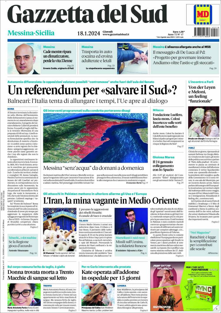 Portada de Gazzetta del Sud (Italia)
