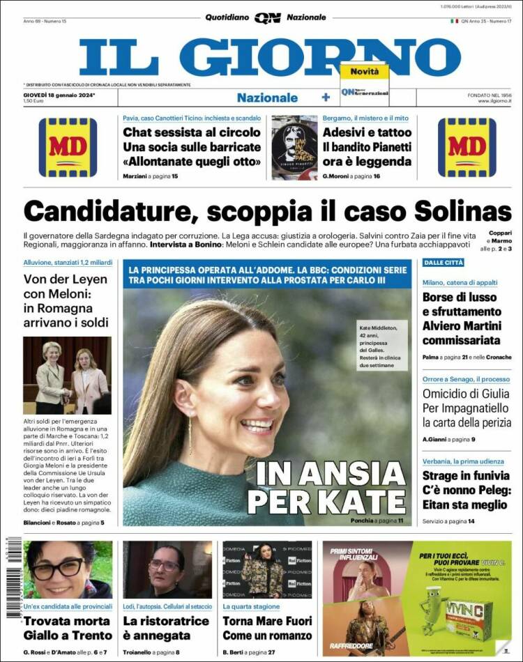Portada de Il Giorno (Italia)