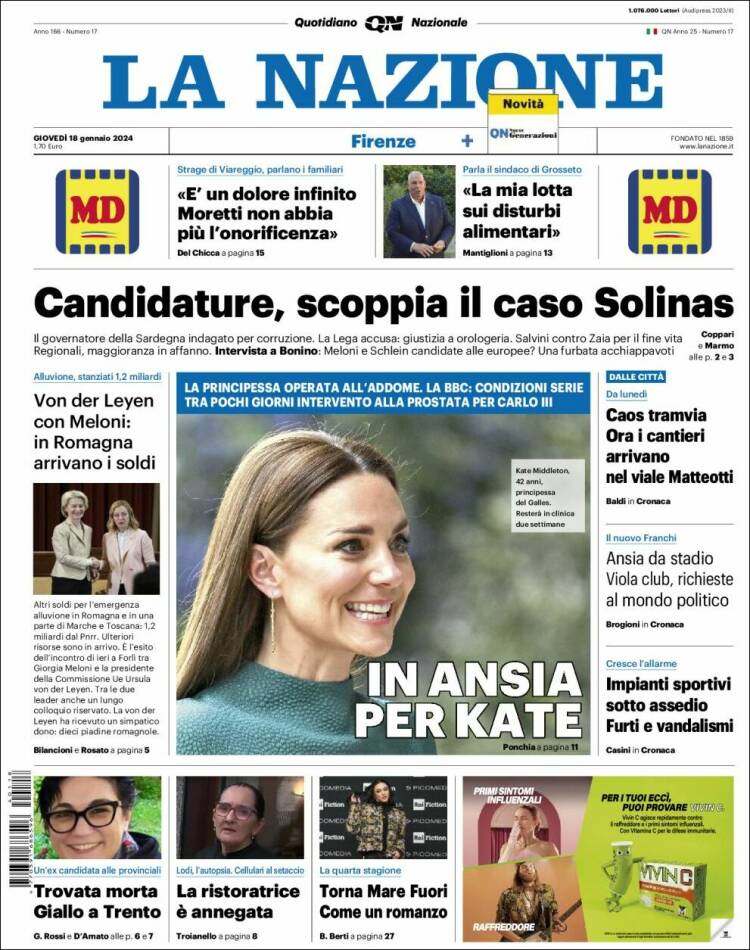 Portada de La Nazione (Italia)
