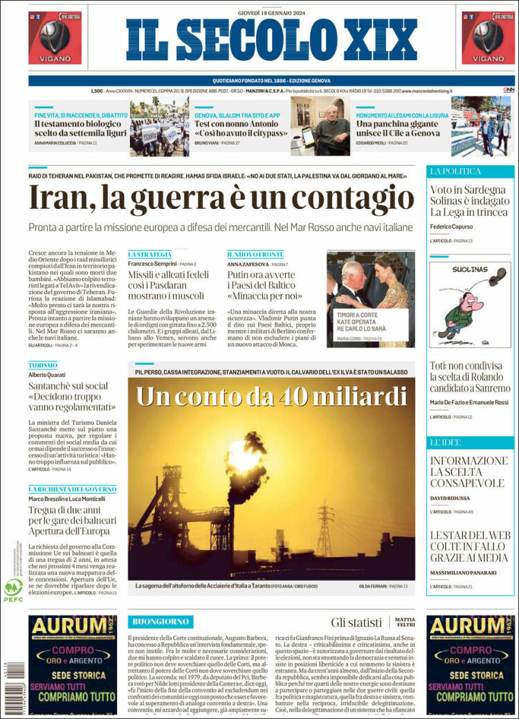 Portada de Il Secolo XIX (Italia)