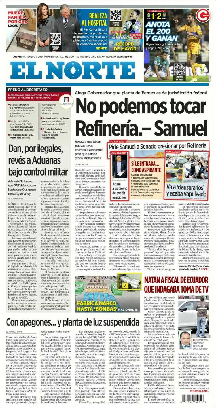Portada de El Norte (M&eacute;xico)