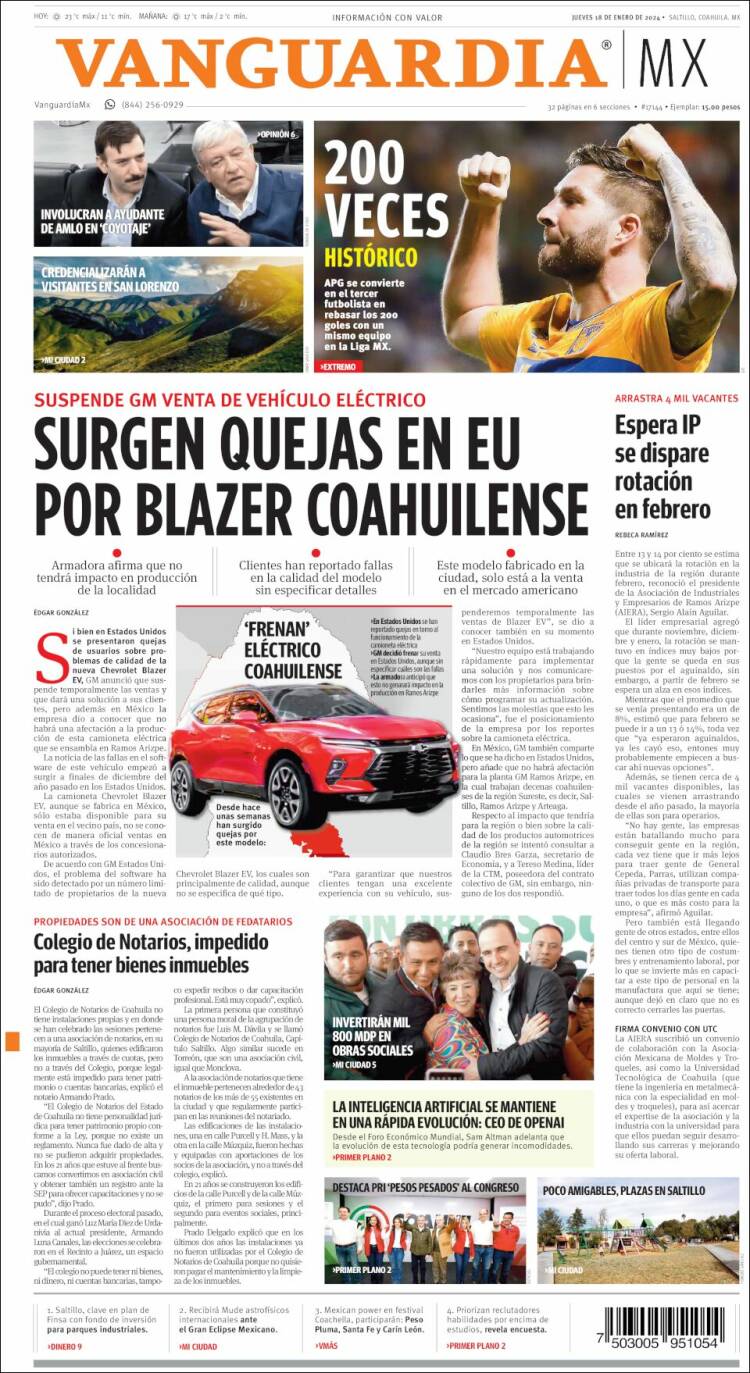 Portada de Vanguardia (M&eacute;xico)