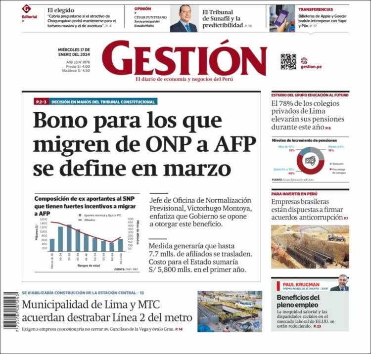 Portada de Diario Gestión (Per&uacute;)