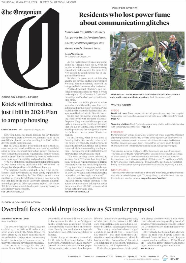 Portada de The Oregonian (USA)