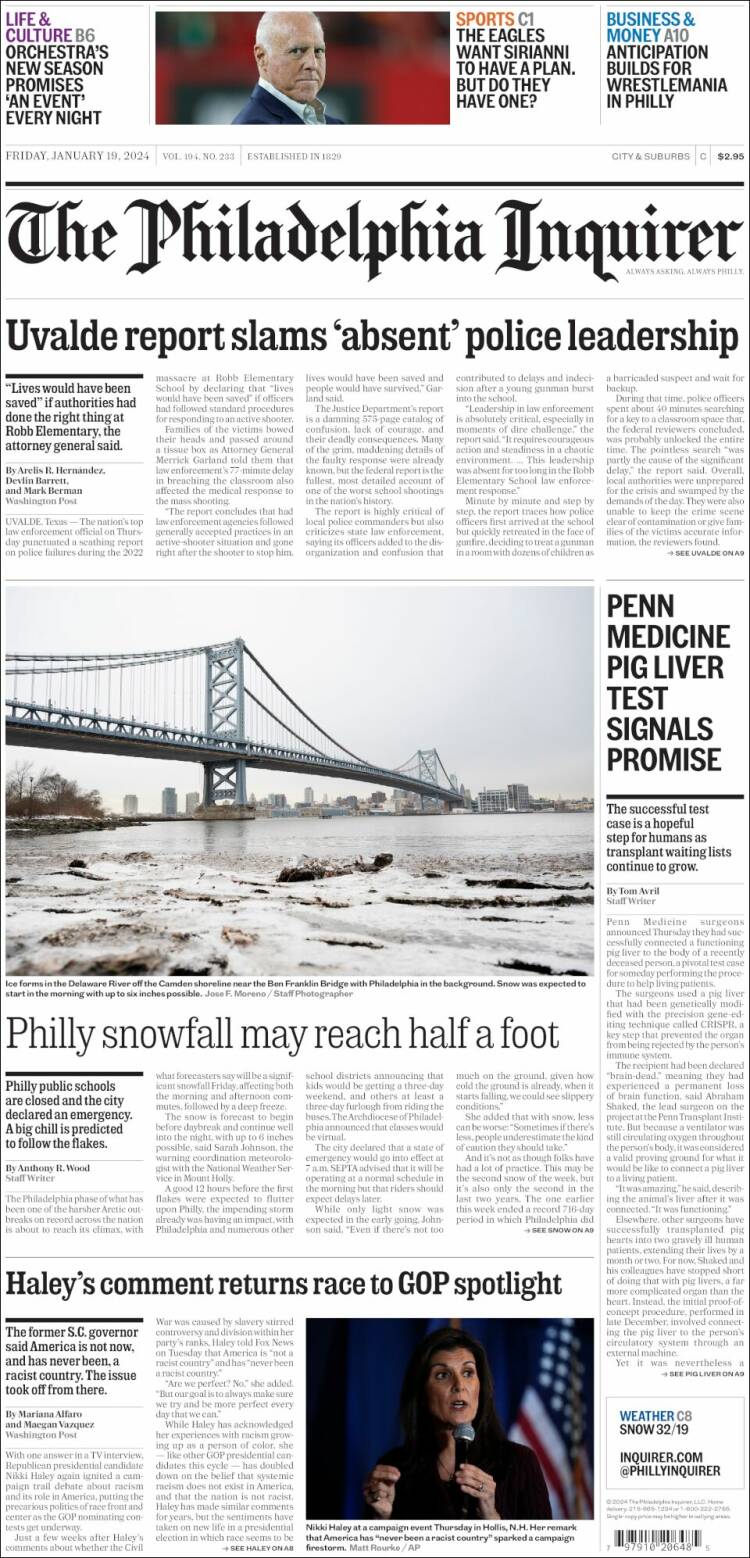 Portada de Philadelphia Inquirer (USA)