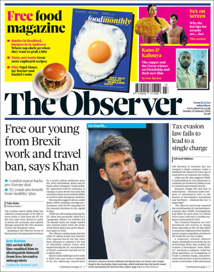 Portada de The Observer (Reino Unido)