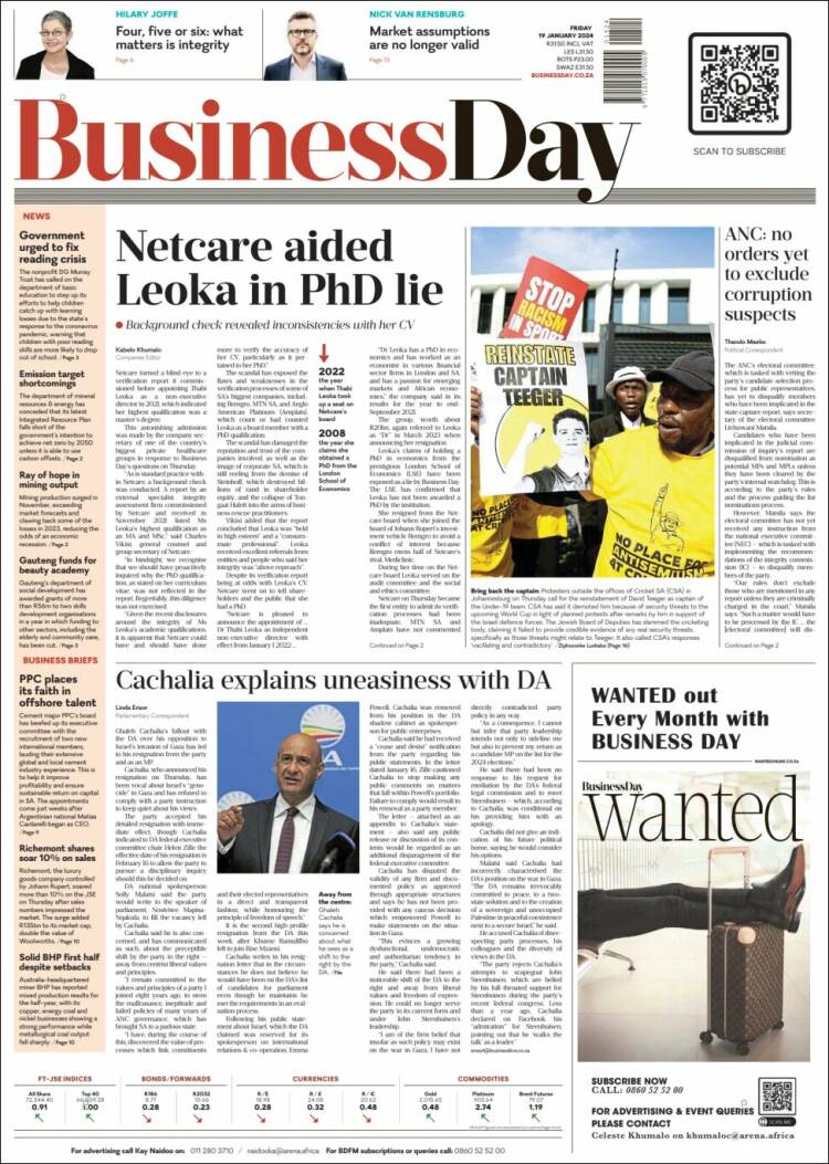 Portada de Business Day (Sud&aacute;frica)