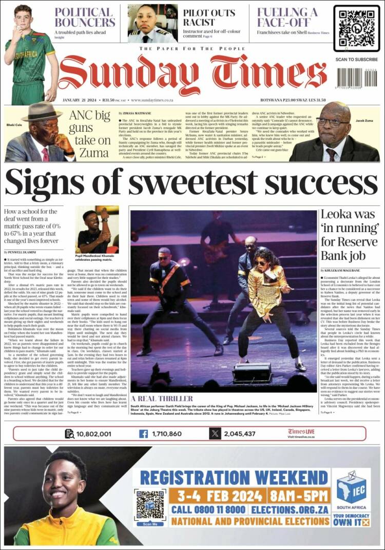 Portada de The Times (Sud&aacute;frica)