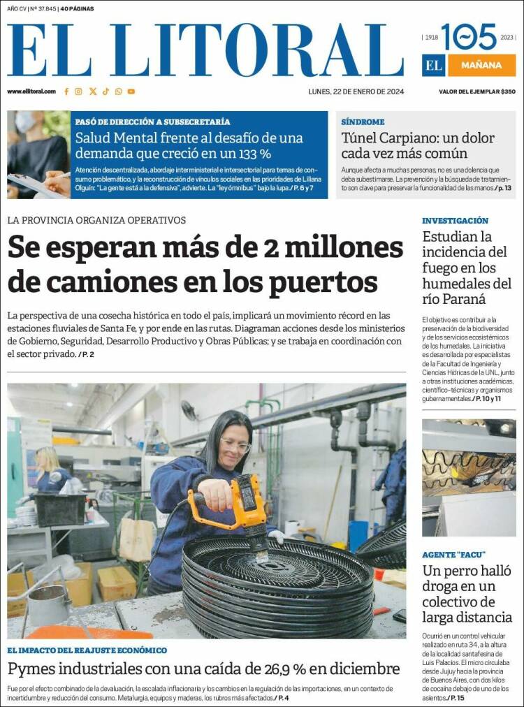 Portada de Diario El Litoral (Argentina)